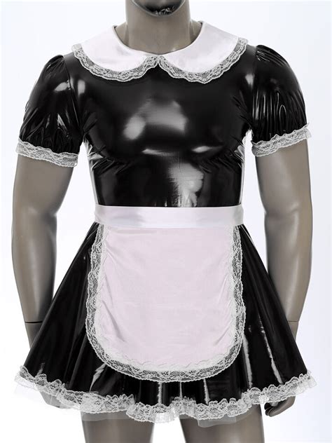 Mens Patent Leather Wet Look Anime Cosplay French Apron Maid Fancy