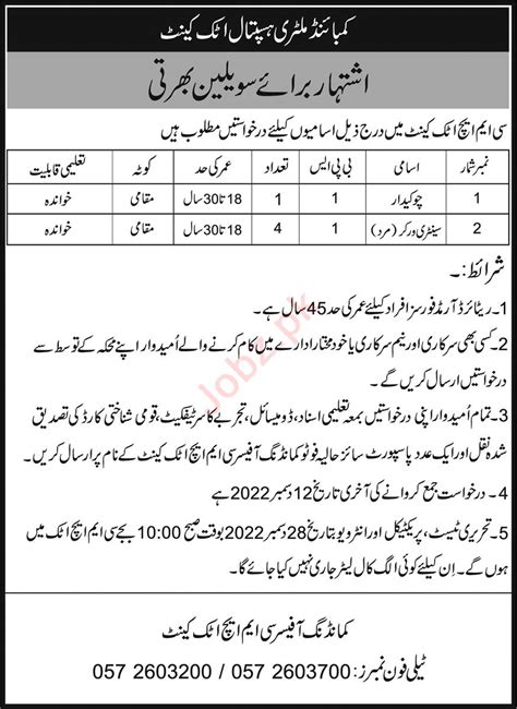 Job Positions At Combined Military Hospital Cmh Attock Cantt Job