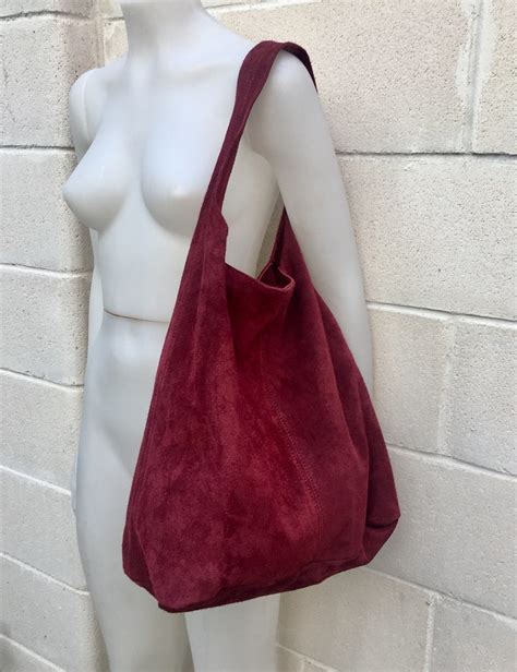 Slouch Bag Large Tote Leather Bag In Burgundy Red Suede Bag Etsy