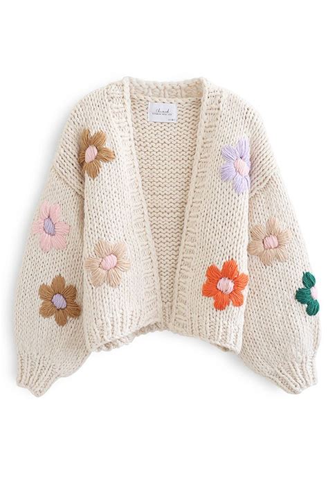 Stitch Flowers Hand Knit Chunky Cardigan In Cream Retro Indie And Unique Fashion