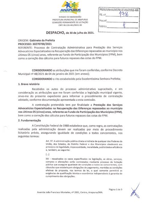 JUSTIFICATIVA DA INEXIGIBILIDADE Prefeitura Municipal De Anapurus