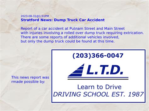 Stratford News: Dump Truck Car Accident – DoingItLocal