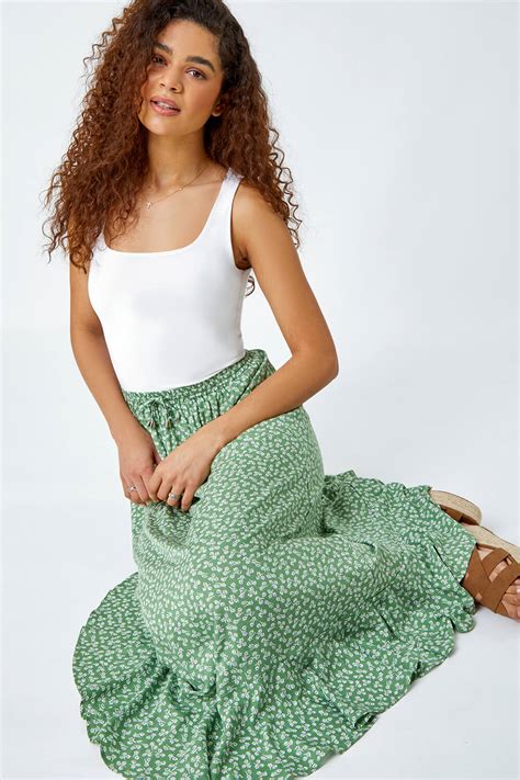 Sage Ditsy Floral Frill Hem Midi Skirt Roman Uk