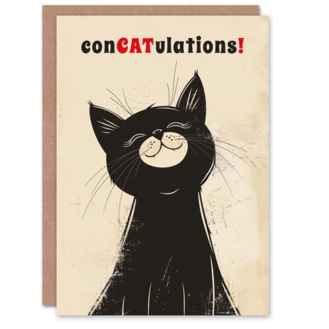 Congratulations Card Smiling Black Kitty Retro Cartoon Cat Lover Pun