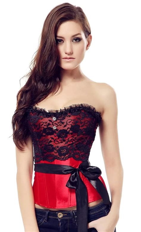 Corpetto Bustino Burlesque Stringivita Lingerie Nero Rosso Pizzo