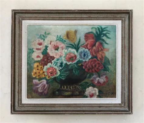 Tableau Ancien Bouquet De Fleurs Monogramme Cm Huile Sur Toile D But