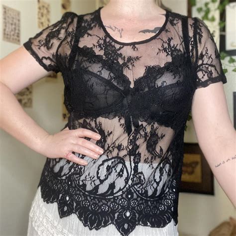 Whimsygoth Grunge Black Sheer Floral Lace Mesh Depop