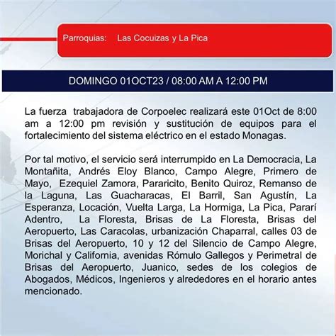 Corpoelec Informa Nuevo Corte Programado Para Este Domingo De