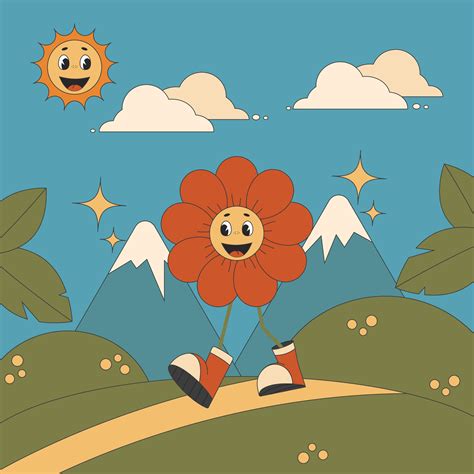 Groovy retro poster flower cute character walk in nature. Vector ...