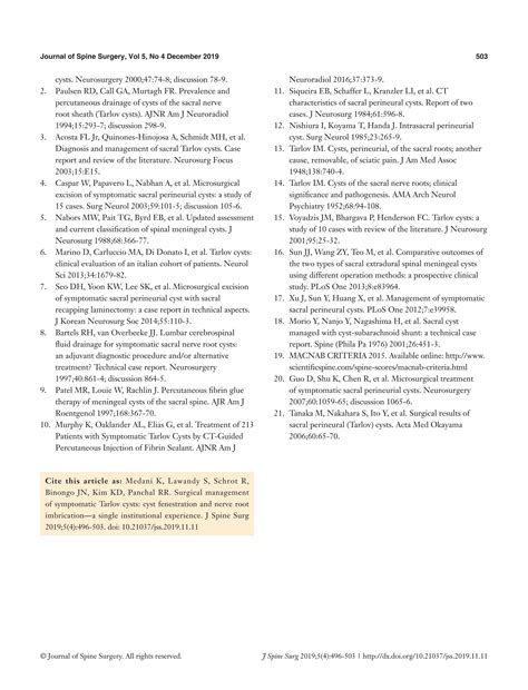 SURGICAL MANAGEMENT OF SYMPTOMATIC TARLOV CYSTS | PDF