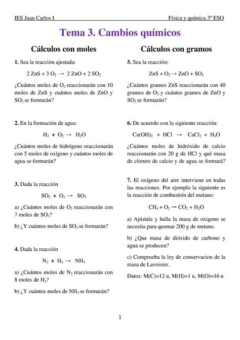 3º ESO Ejercicios de calculos con reacciones químicas IES Juan