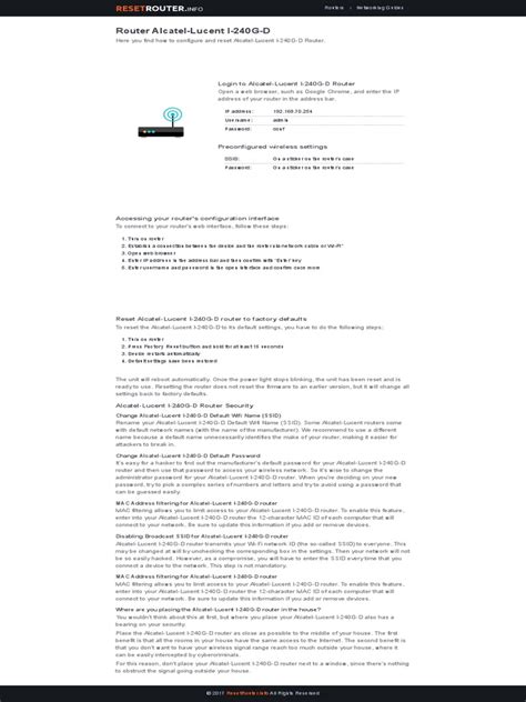 How To Configure and Reset Alcatel-Lucent I-240G-D Router 2 | PDF | Wi ...