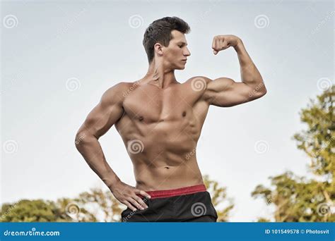 Bodybuilder Montrant Les Muscles Le Biceps Et Le Triceps Photo Stock