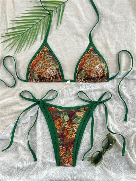 Swim Chiccia Set Bikini A Vita Alta Con Laccetti Stampa Leopardata E Fiori Casuali Decorazione