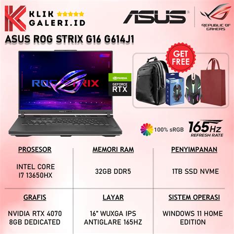 Jual Laptop Gaming Asus Rog Strix G16 G614 Rtx 4070 Intel I7 13650hx Ram 32gb 1tb Ssd Wuxga