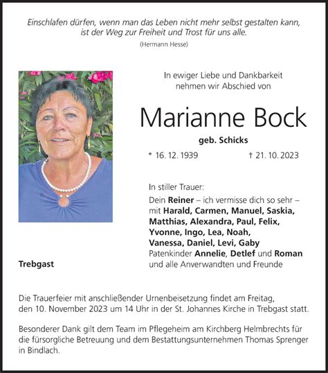 Marianne Bock Traueranzeige Trauer Infranken De