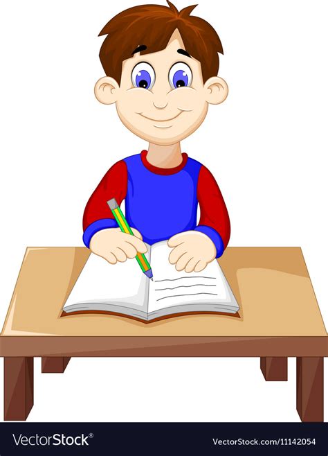 Funny boy cartoon writing above a desk Royalty Free Vector