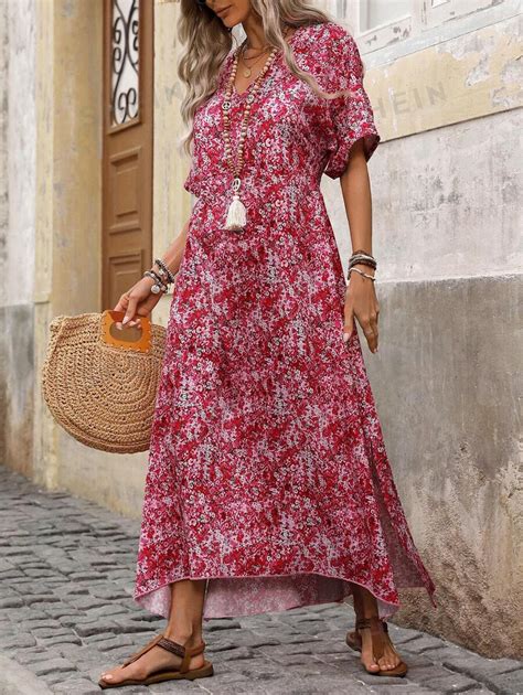 Shein Lune Robe Longue D Contract E D T Imprim Floral Rose Imprim