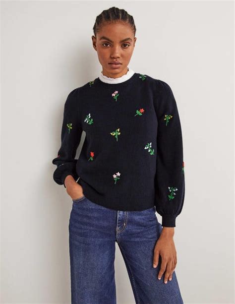 Embroidered Knitted Sweater Navy Flower Embroidery Boden Us