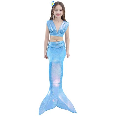 4pcs Set Swimmable Shiny Blue Mermaid Tail With Monofin Girls Swimsuit