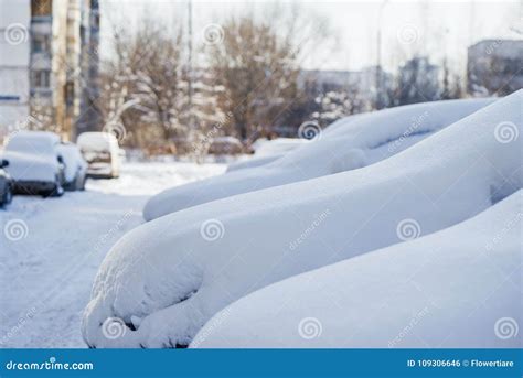 Top View on Many Snowy Cars on the Parkplace at the End Winter. Seasonal Snowfall Stock Photo ...