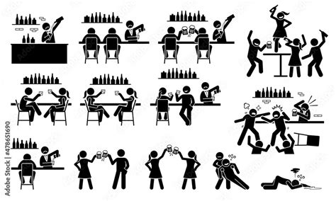 People Drinking Beer And Wine At Bar Vector Illustration Stick Figures Of Bartender Male And