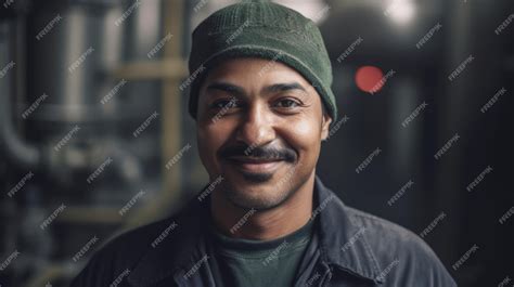 Premium Photo A Smiling Indian Male Factory Worker Standing In Oil