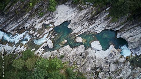 aerial valle verzasca emerald green water Stock Photo | Adobe Stock