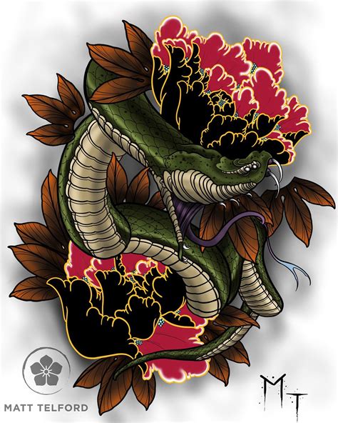 New Print Available Tattoo Design Sold Snake And Peonies” A4 Print