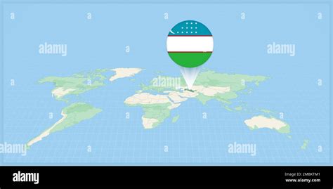 Location Of Uzbekistan On The World Map Marked With Uzbekistan Flag