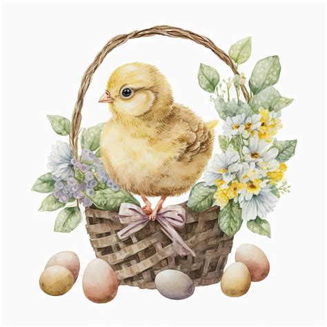 Premium Photo | Watercolor easter chicken in basket with spring flowers and easter eggs