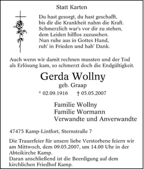 Traueranzeigen Von Gerda Wollny Trauer In Nrw De