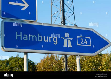 Germany Autobahn Federal Highway Road Sign For E 24 Hamburg Stock Photo