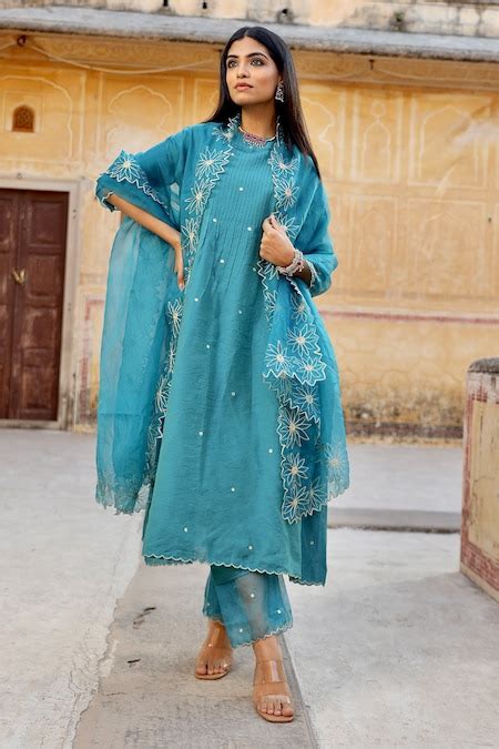 Buy Green Kurta And Pant Chanderi Embroidered Mirror Round Pintucked