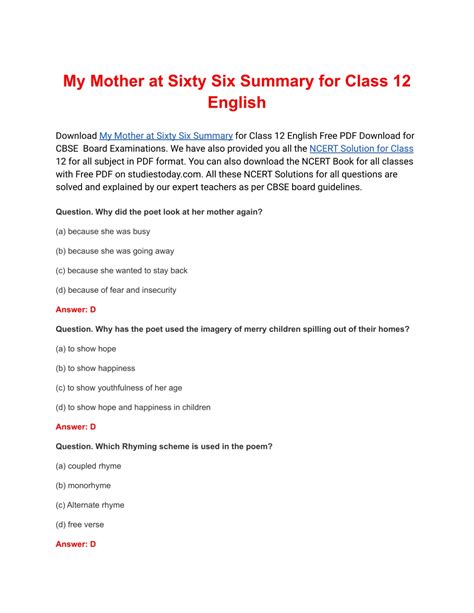 Ppt My Mother At Sixty Six Summary For Class 12 English Powerpoint Presentation Id11952777