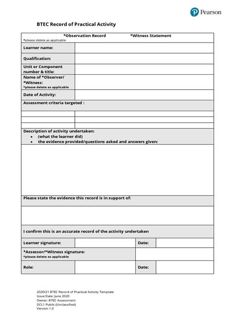 2020 21 Btec Record Of Practical Activity Template V1 0 Pdf