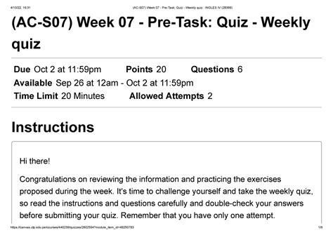 Ac S Week Pre Task Quiz Weekly Quiz Ingles Iv Ac