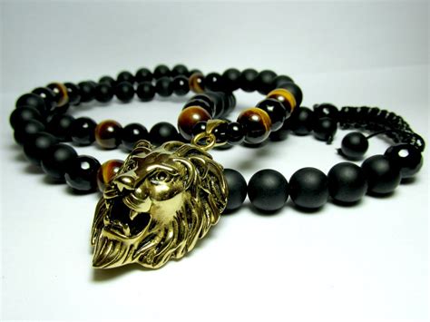 Mens Black Onyx Lion Necklace Mens Lion Pendant Necklace Mens Tiger