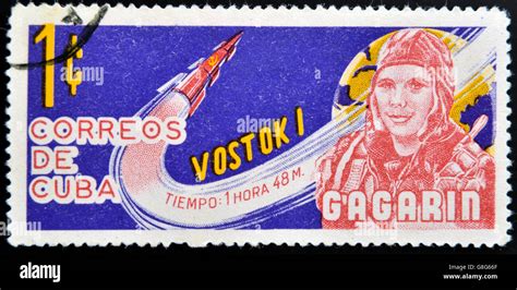 Cuba Circa A Stamp Printed In Cuba Shows Gagarin And Rocket