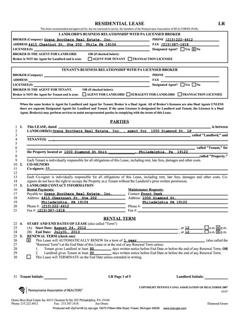 Pennsylvania Association Of Realtors Residential Lease Fill Online Printable Fillable Blank