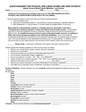 Fillable Online Questionnaire For New Patients And Wellness Exams Fax