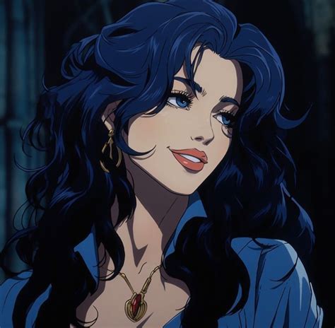 An Animated Image Of A Woman With Long Black Hair And Blue Eyes Wearing