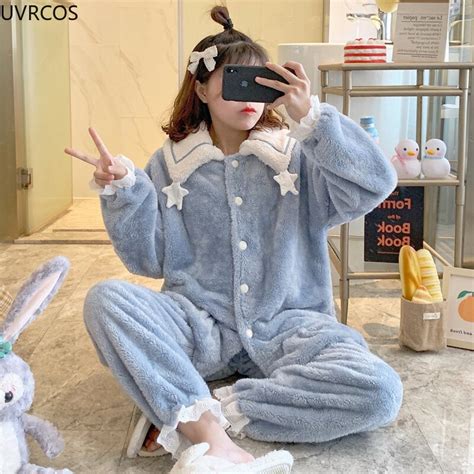 Autumn Winter Chic Patchwork Lace Ruffles Women Pajamas Set Warm Coral