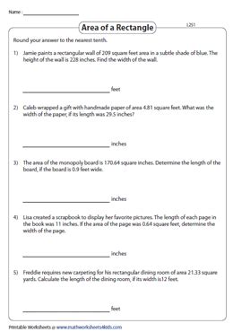 Area Of A Rectangle Word Problems Worksheets