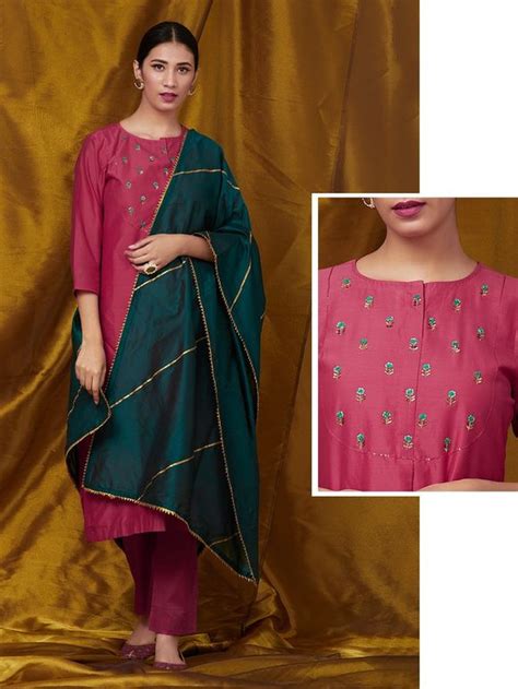 Buy Navy Blue Embroidered Chanderi Kurta With Cotton Pants And Maroon