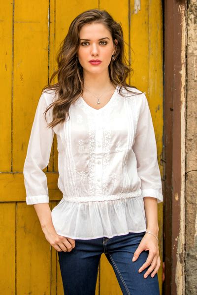 White Cotton Embroidered India Blouse Harmony In White Novica