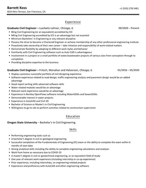 Graduate Civil Engineer Resume Samples | Velvet Jobs