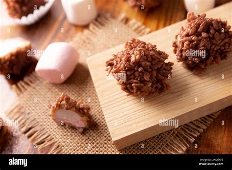 Homemade Caramel Marshmallows Covered In Chocolate Flavor Puffed Rice