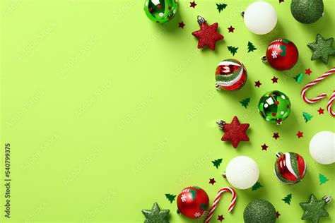 Red And Green Christmas Ornaments On Pastel Green Background Xmas Greeting Card Template Happy