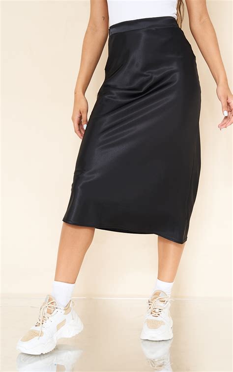 Black Satin Bias Cut Midi Skirt Prettylittlething